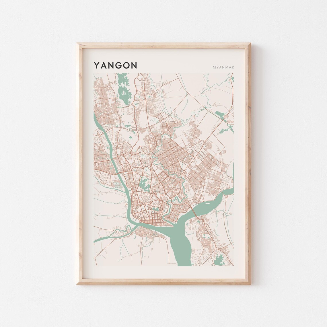 Yangon Map Poster Print Wall Art Myanmar Travel Gift Scandi
