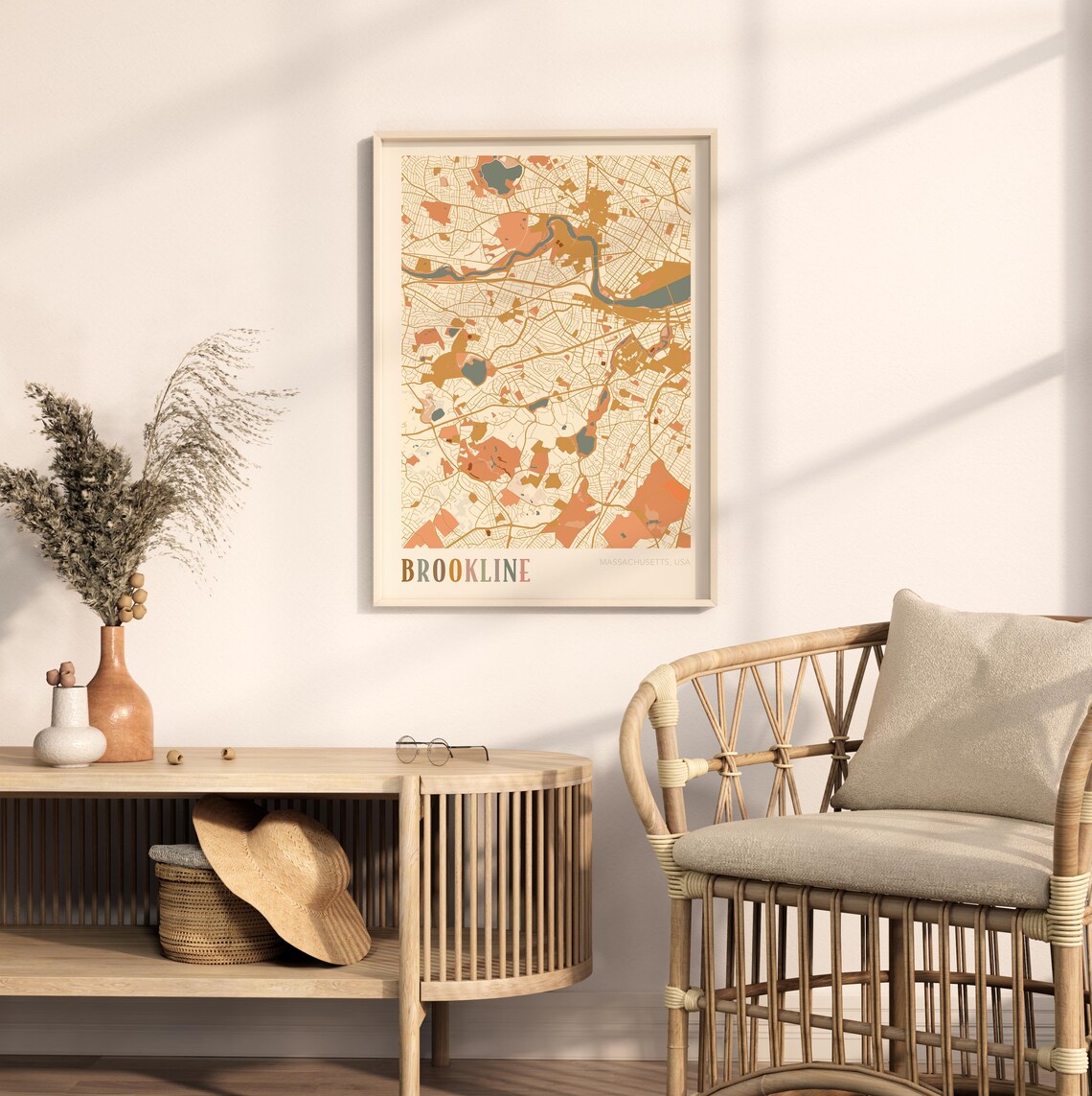 Brookline Massachusetts Modern Terracotta City Street Map Art Poster - Image 2