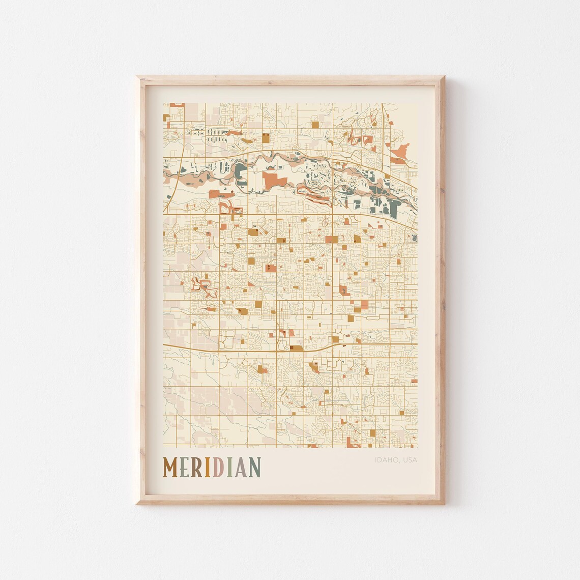 Meridian Idaho City Map Poster Earth Tone Boho Minimalist Map Wall Decor Gift