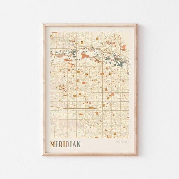 Meridian Idaho City Map Poster Earth Tone Boho Minimalist Map Wall Decor Gift