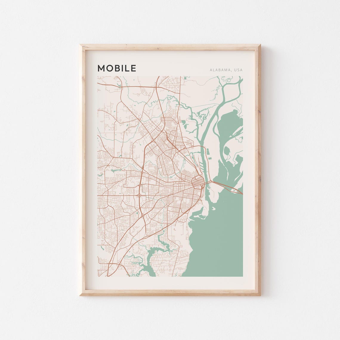 Mobile Alabama Modern Farmhouse City Map Poster for Office Wall Decor