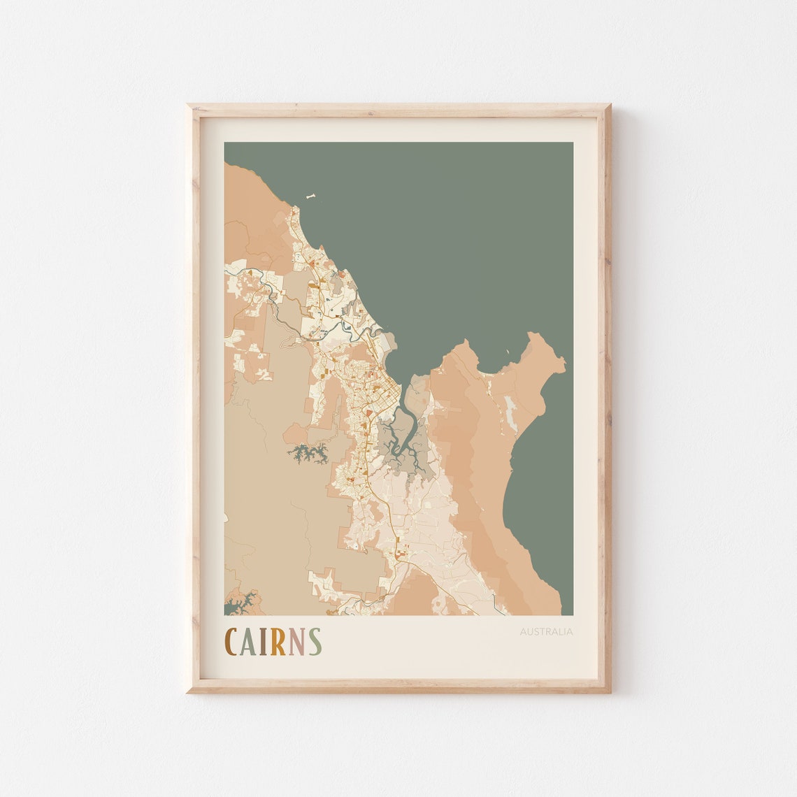 Cairns Australia Retro City Map Poster with Coral Sea Coastline