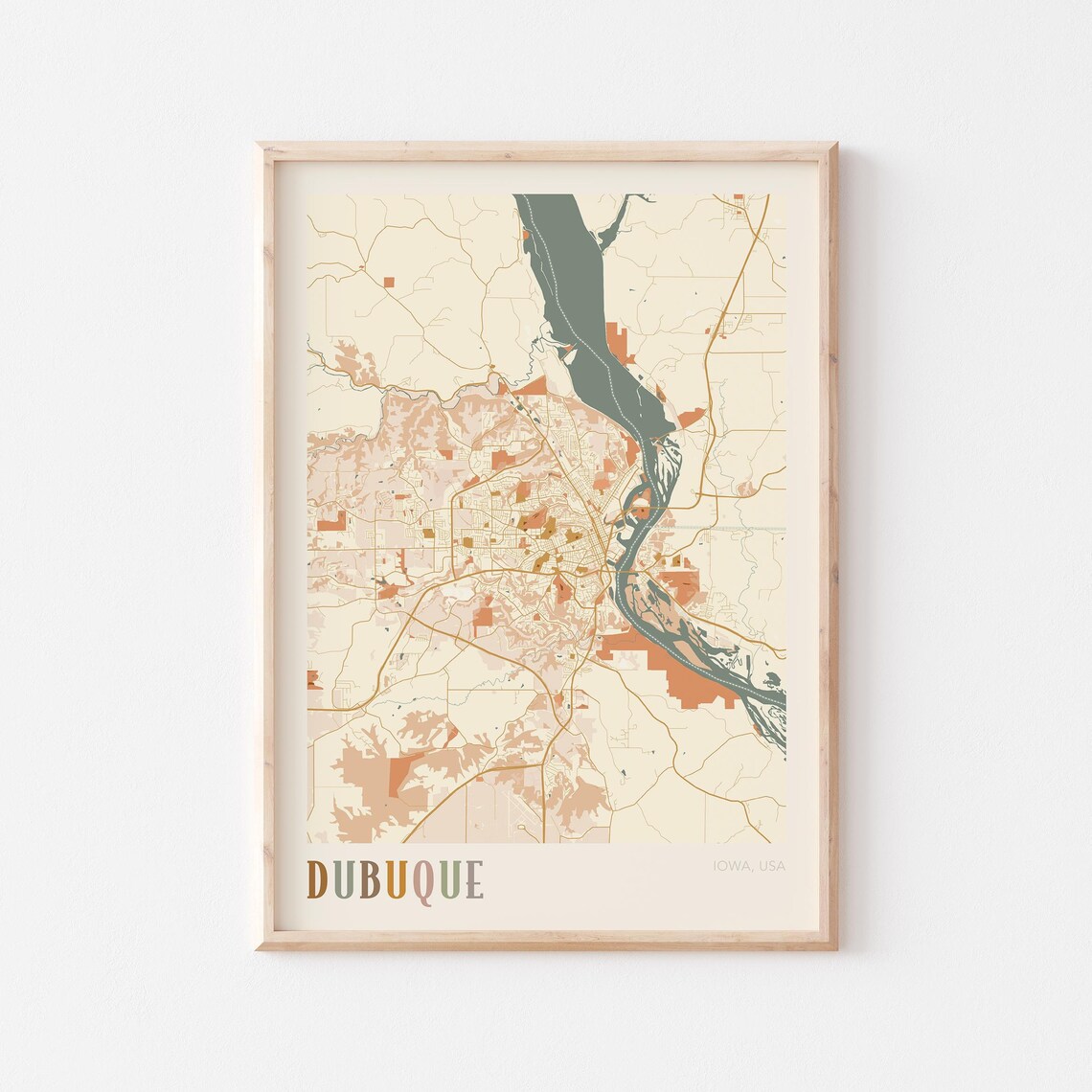 Dubuque Iowa City Map Poster Earth Tone Boho Minimalist Map Wall Decor Gift