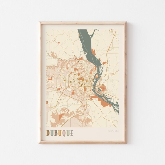 Dubuque Iowa City Map Poster Earth Tone Boho Minimalist Map Wall Decor Gift