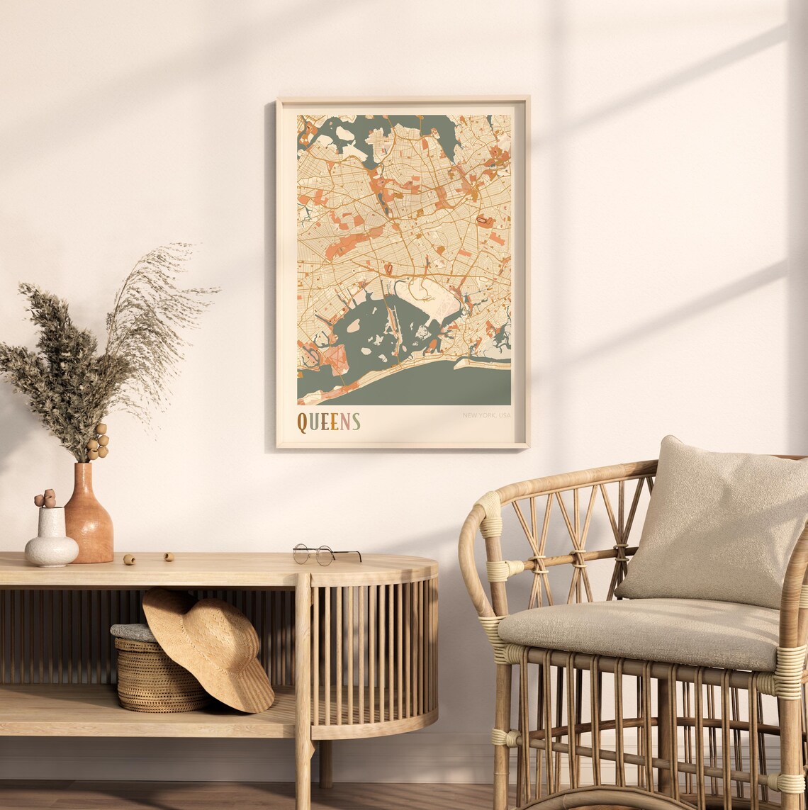Queens New York USA Warm Vintage Beige City Street Map Art Poster - Image 2
