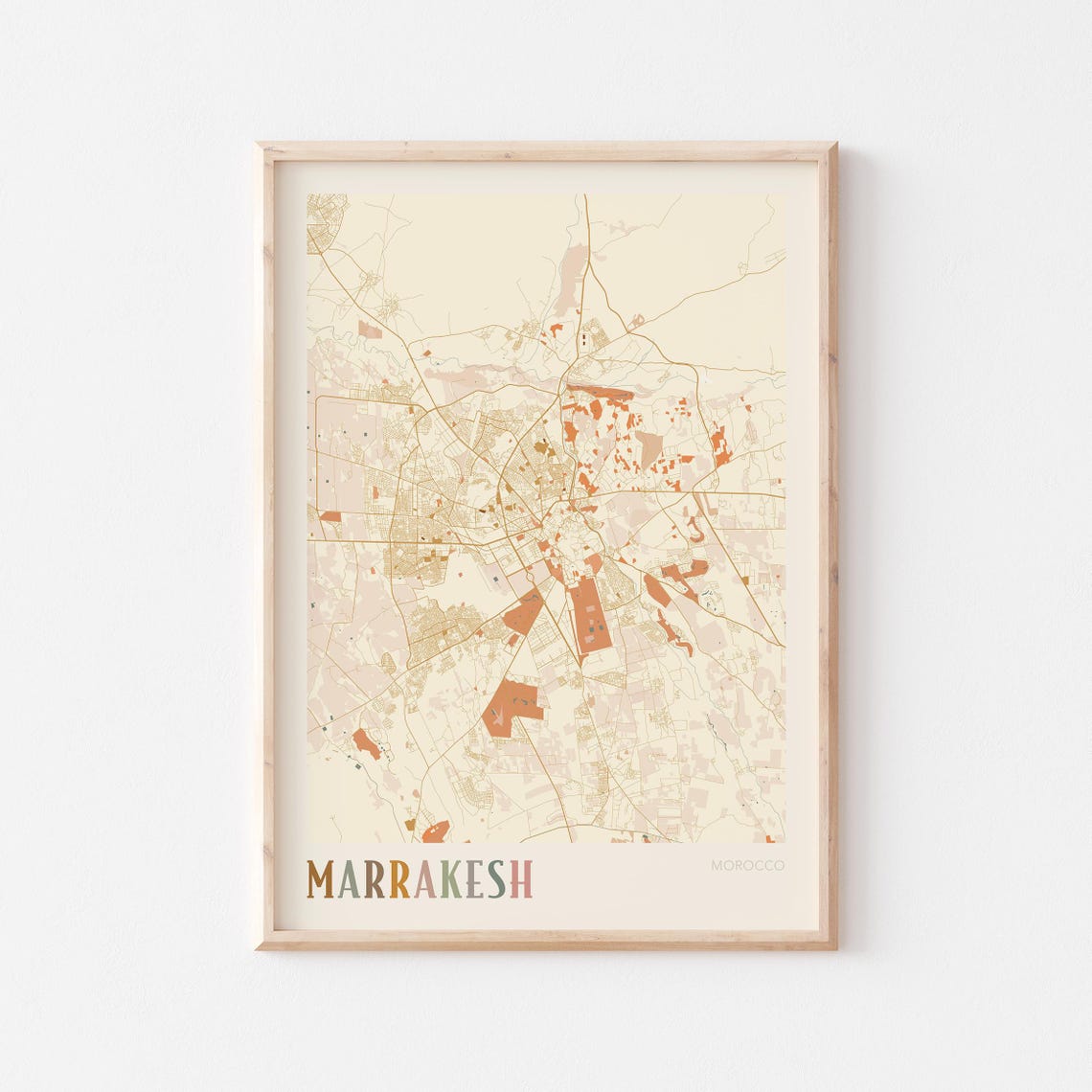 Marrakesh City Street Map Poster Beige Morocco Travel Gift Art