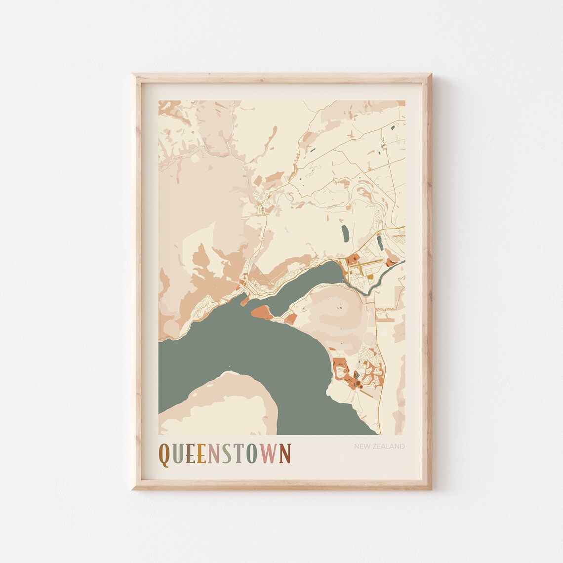 Queenstown New Zealand Boho Style Scenic Lakeside City Map Poster