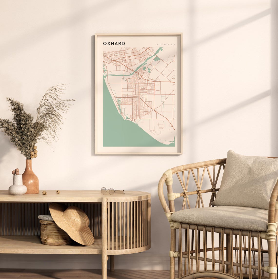 Oxnard California Minimalist Street Map Poster in Blush and Sage - Image 2