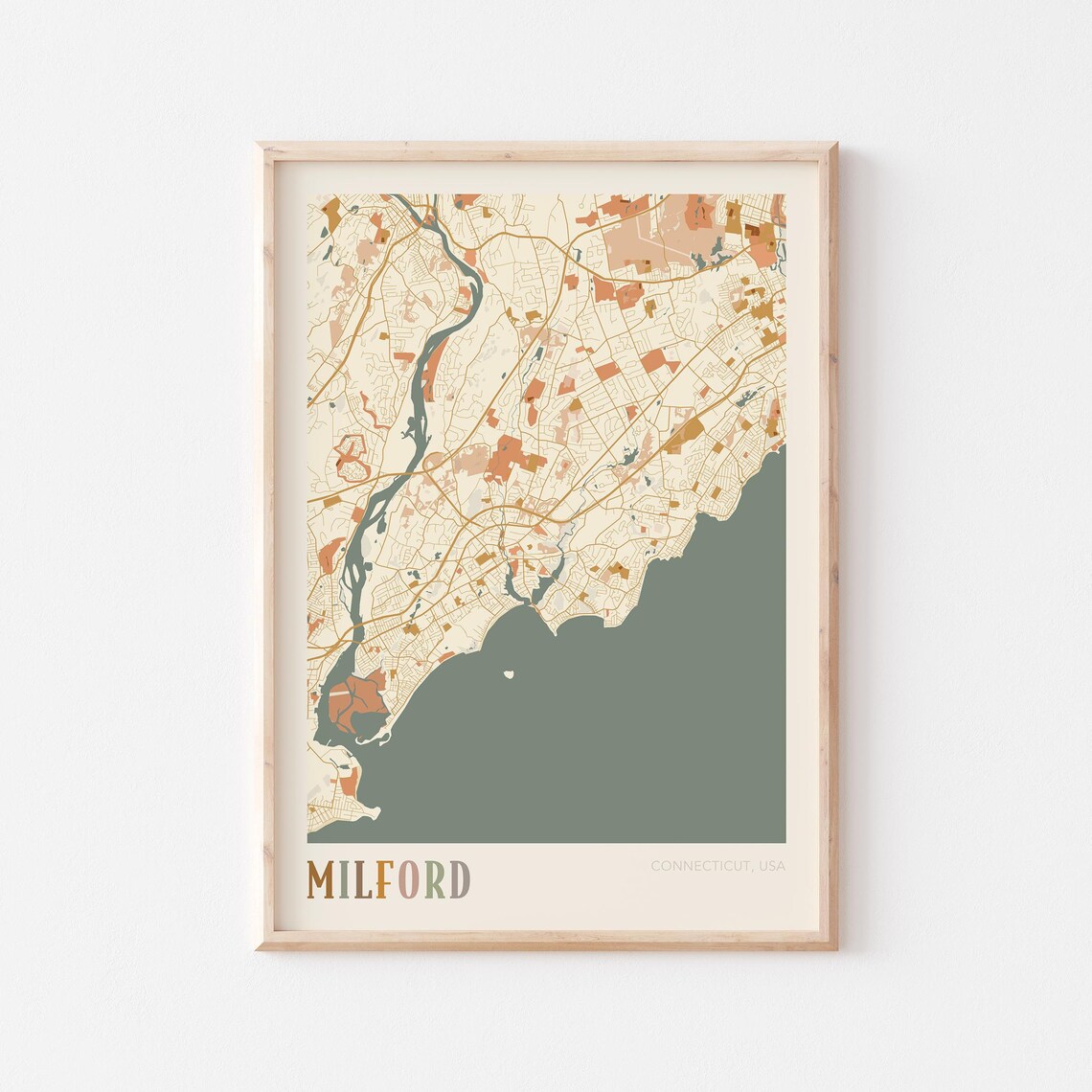 Milford Connecticut Colorful Retro Coastal City Map Poster Boho Wall Decor
