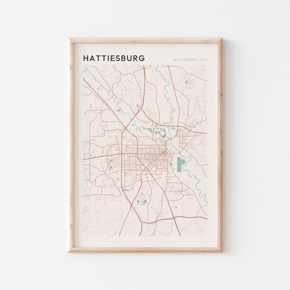 Hattiesburg Mississippi Street Map Poster in Warm Brown Sage and Cream Tones