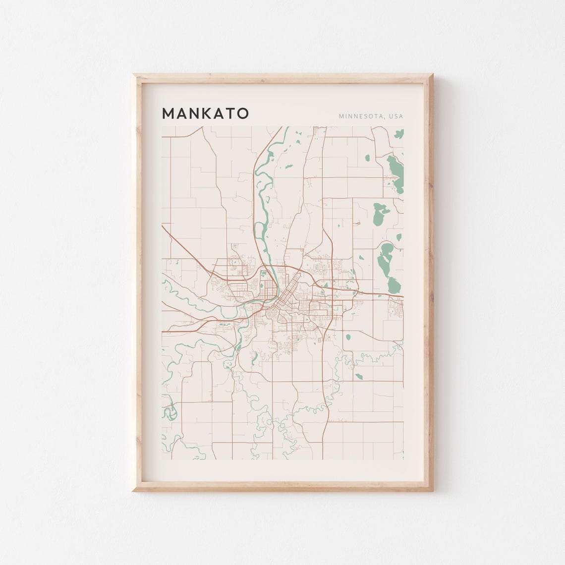 Mankato Minnesota Street Map Poster in Warm Brown Sage and Cream Tones