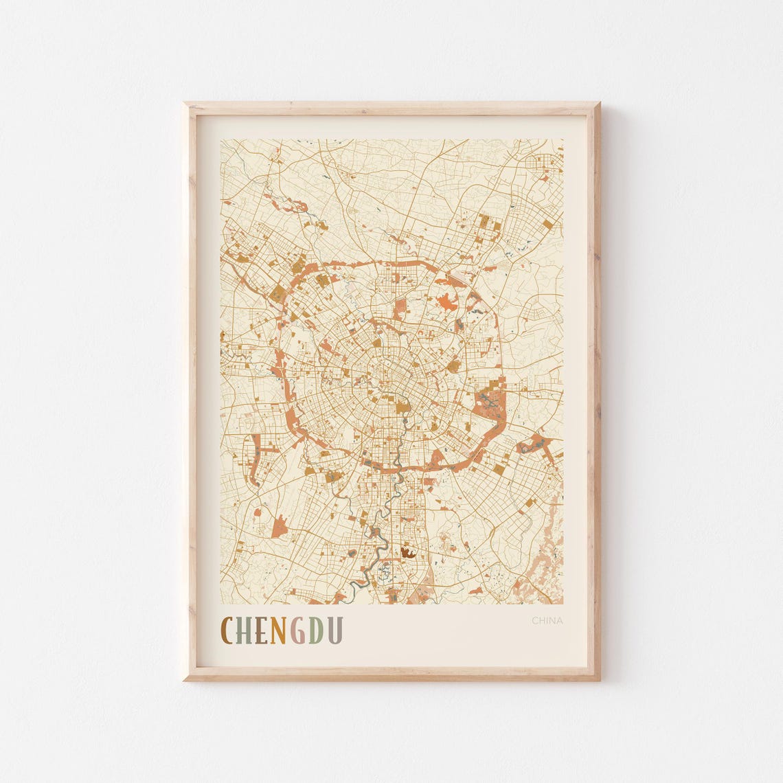 Chengdu China Map Boho Golden Tones Street Plan Travel Gift Poster