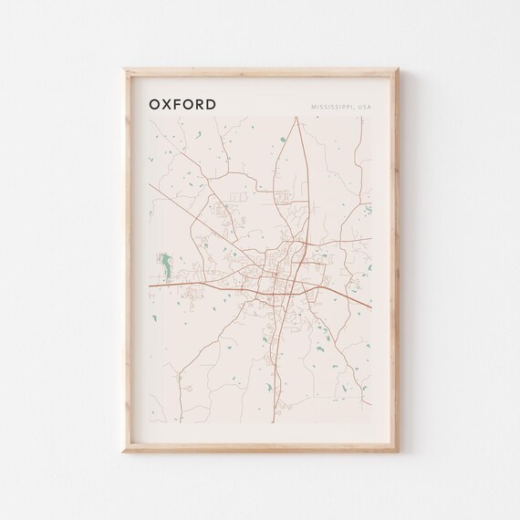 Oxford Mississippi Street Map Poster in Warm Brown Sage and Cream Tones