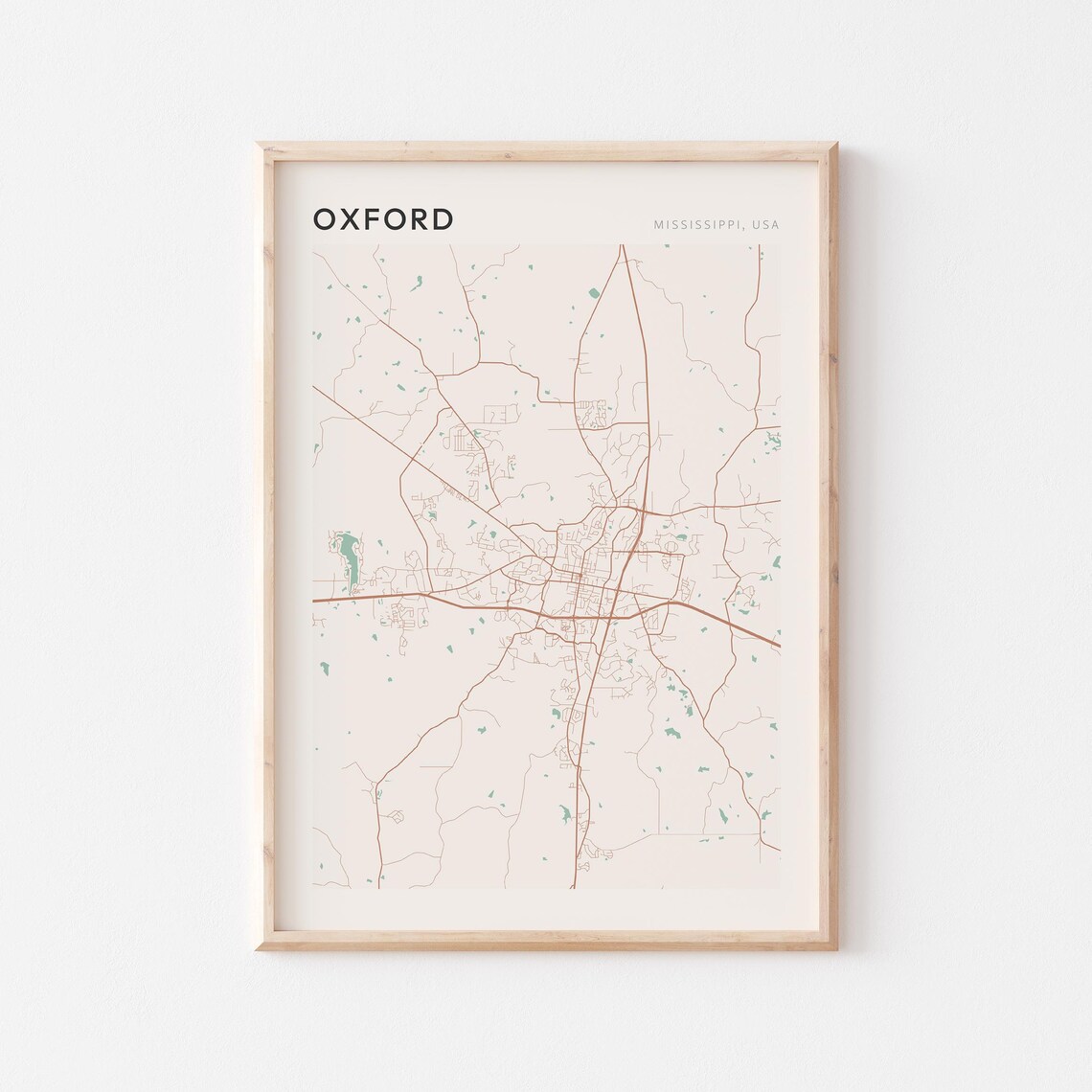 Oxford Mississippi Street Map Poster in Warm Brown Sage and Cream Tones