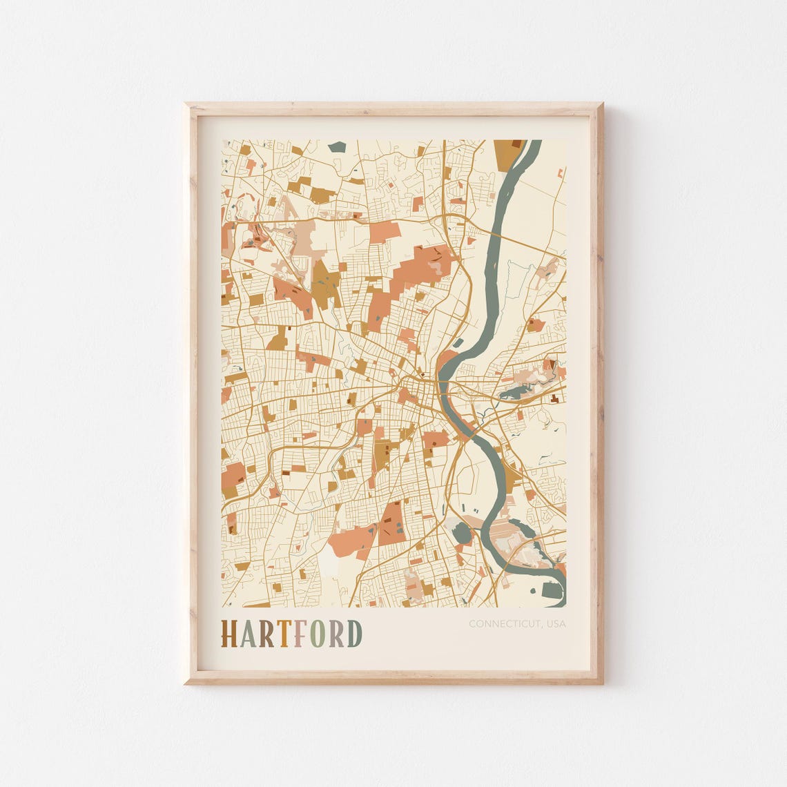 Hartford Connecticut Modern Block Style City Map Wall Decor Poster