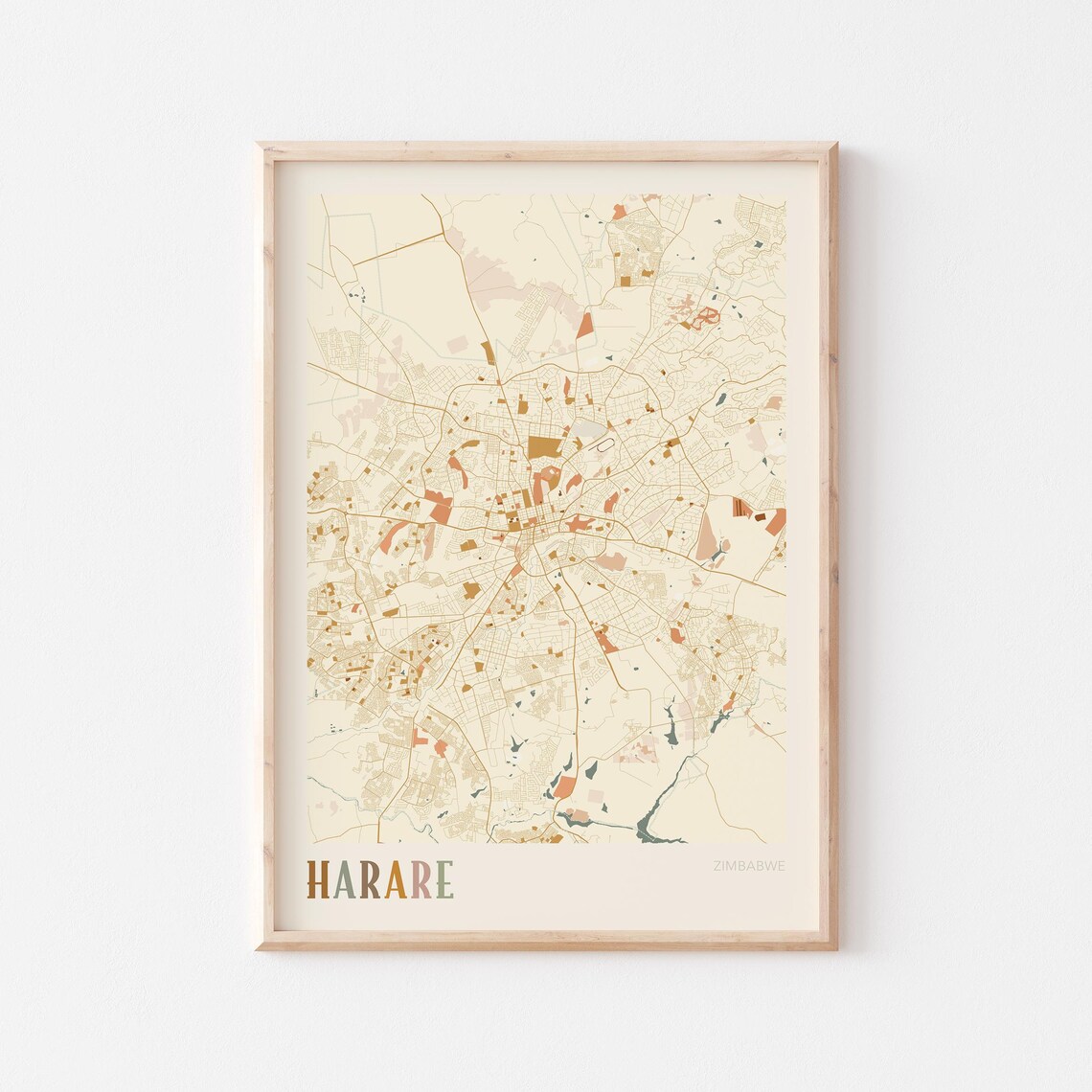 Harare Map Poster Print Wall Art Zimbabwe Africa Travel Gift Boho Decor