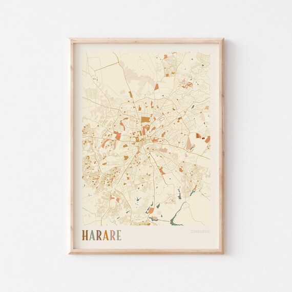 Harare Map Poster Print Wall Art Zimbabwe Africa Travel Gift Boho Decor