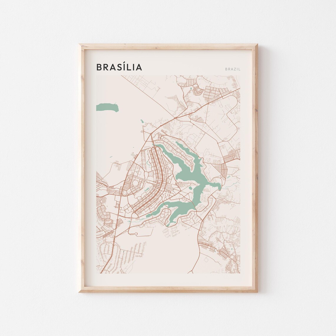 Brasilia Brazil Minimalist City Map Poster Teal Beige Travel Wall Decor