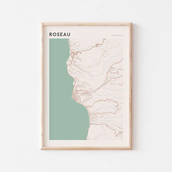 Roseau Map Poster Print Wall Art Dominica Travel Gift Farmhouse Decor