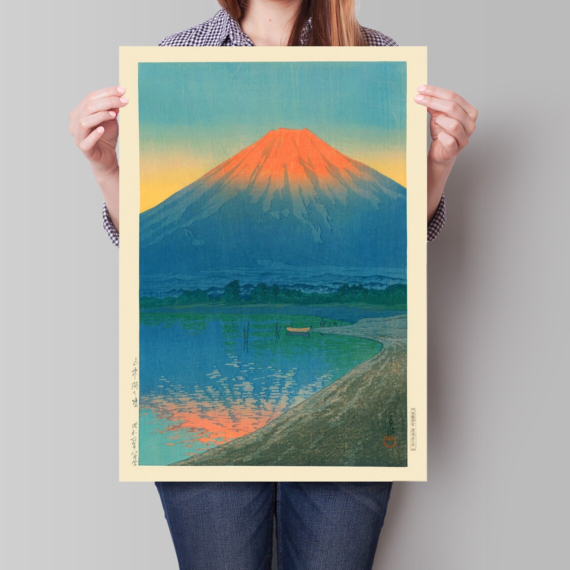 Mount Fuji Sunrise Lake Reflection Woodblock Style Japanese Poster - Image 4