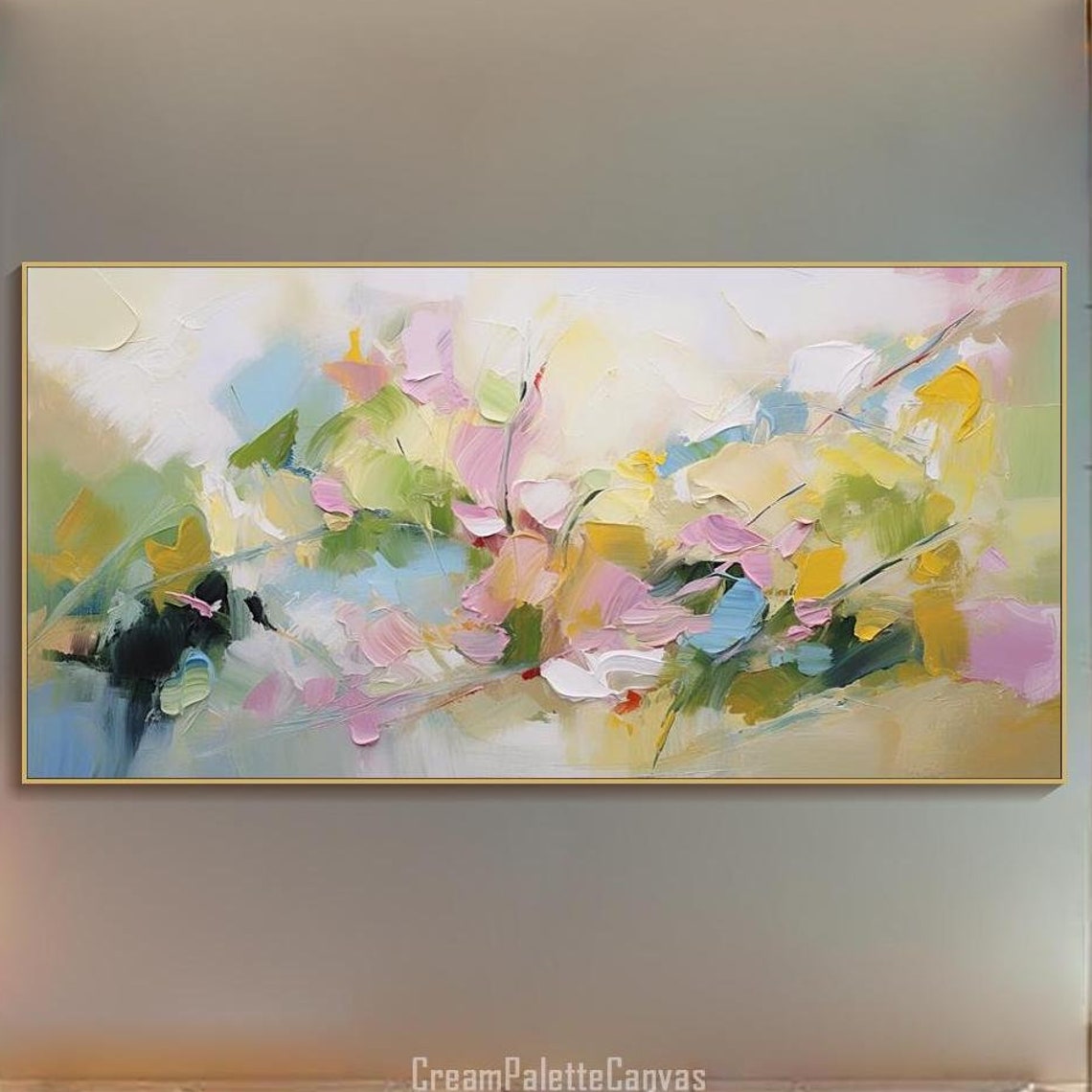 Pastel Abstract Floral Pink Blue Green Textured Oil Painting Wall Art