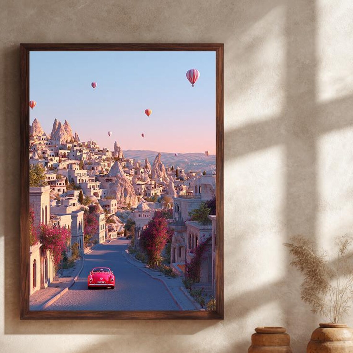 Cappadocia Turkey Travel Poster Red Classic Car And Hot Air Balloons