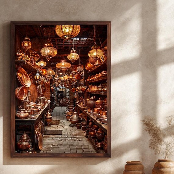Copper Lantern Bazaar Middle Eastern Market Scene Warm Decor Art Print