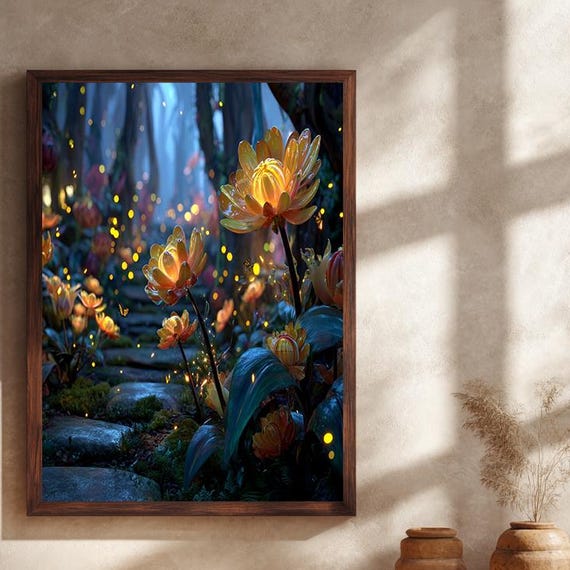 Glowing Fantasy Flower Path Canvas Wall Art Magical Garden Trail Print Enchanted Blooming Nature Artwork For Fairycore Room Decor