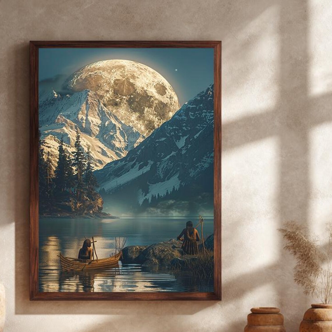 Giant Full Moon Rising Over Mountain Valley Lake Canoe Night Landscape Poster