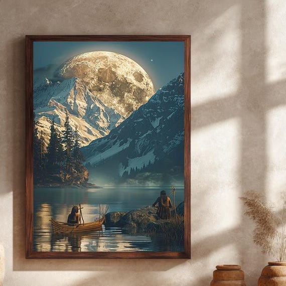 Full Moon Canvas Wall Art With Mountain Lake And Canoe Scene Mystical Night Nature Landscape Print For Bedroom Living Room Decor