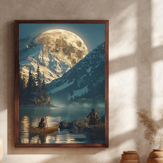 Giant Full Moon Rising Over Mountain Valley Lake Canoe Night Landscape Poster
