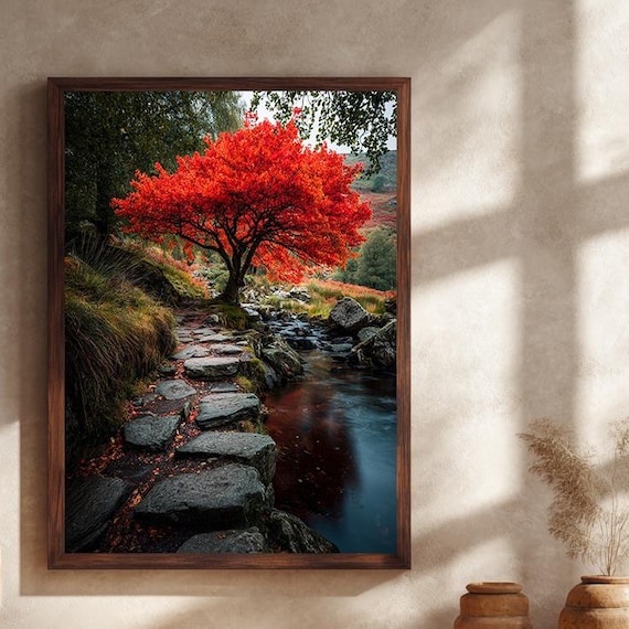 Fiery Red Autumn Tree By The Stream Poster Rocky Path Vivid Fall Foliage Art