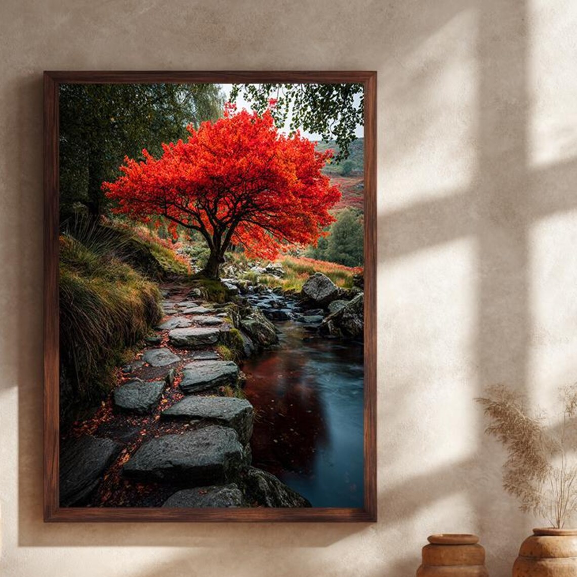 Fiery Red Autumn Tree By The Stream Poster Rocky Path Vivid Fall Foliage Art