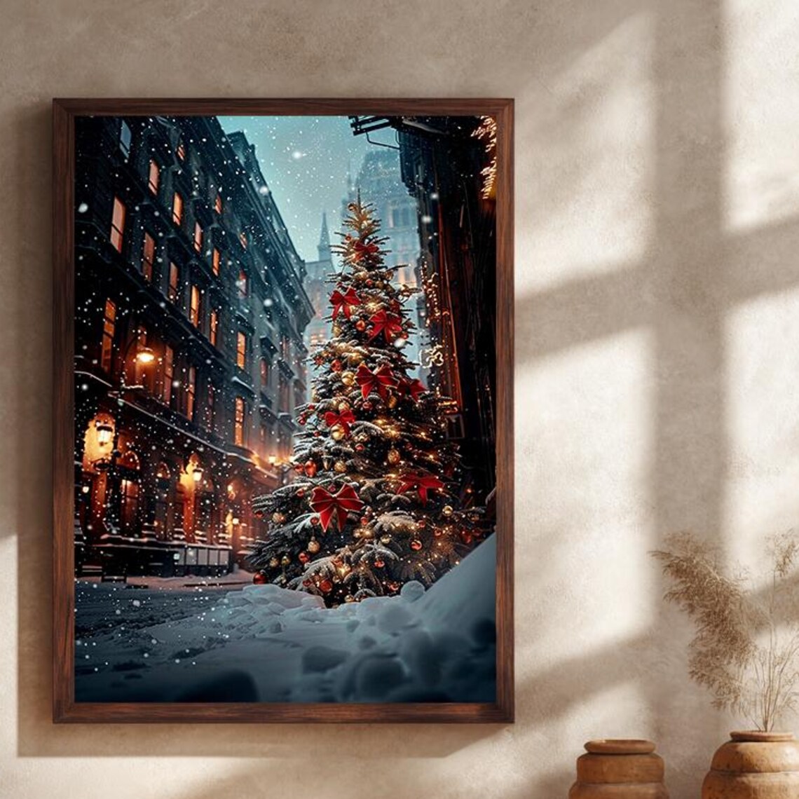 Christmas Tree Snowy City Street Red Bows Holiday Night Poster