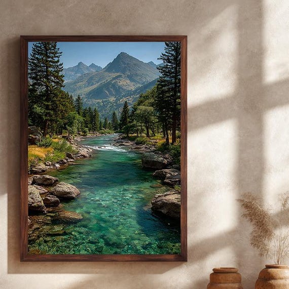 Mountain River Landscape Canvas Wall Art Nature Scenic Decor For Living Room Forest Stream Artwork Rustic Cabin Print