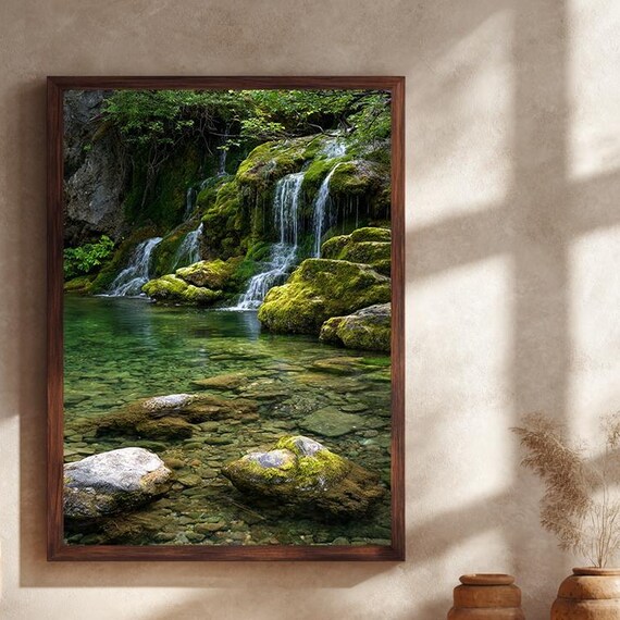 Waterfall Cascading Over Mossy Rocks Into a Crystal Clear Pool Poster