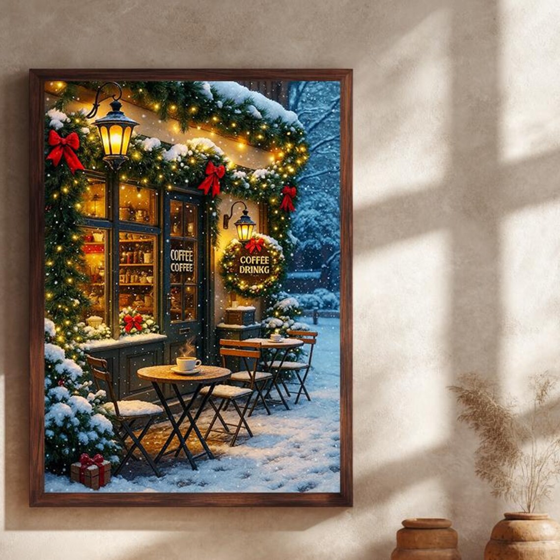 Christmas Coffee Shop Snowy Night Holiday Cafe Storefront Poster