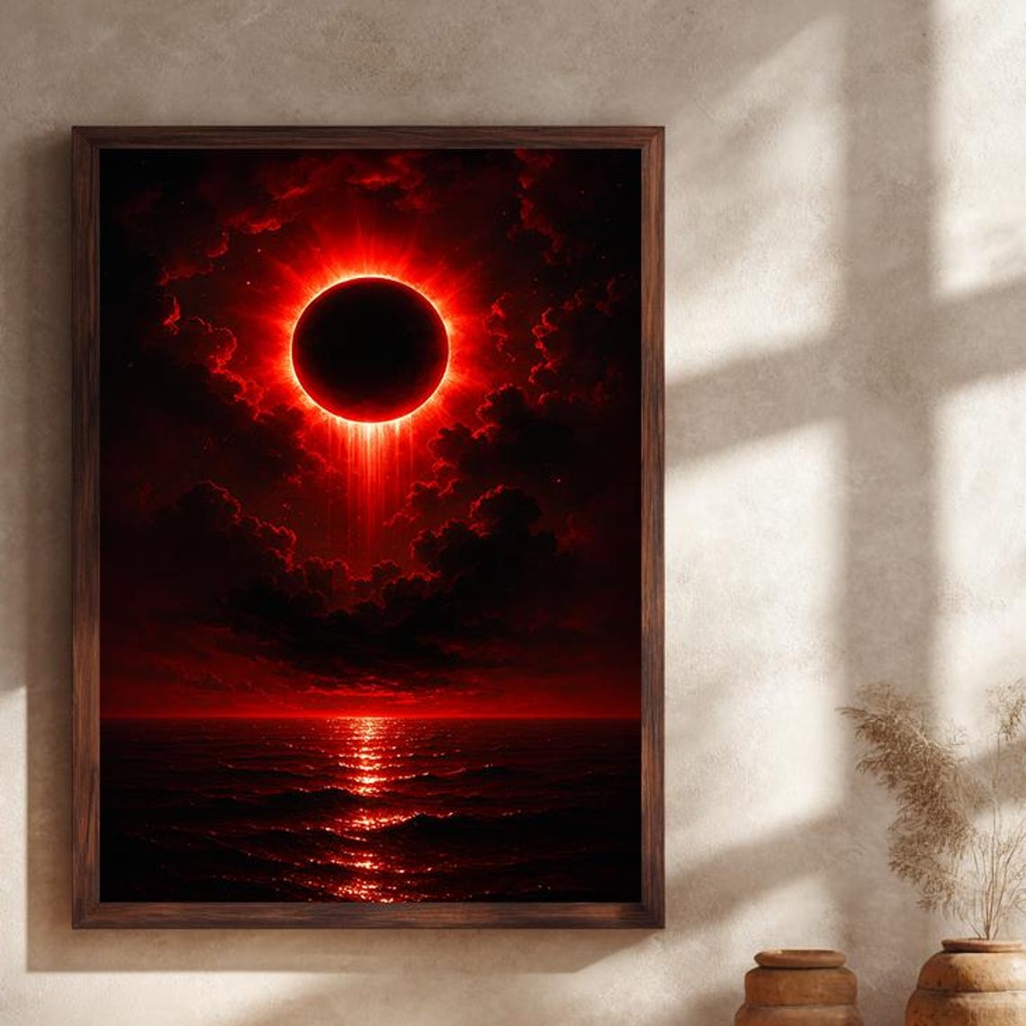 Dark Red Eclipse with Glowing Ring Over Ocean Dramatic Night Poster