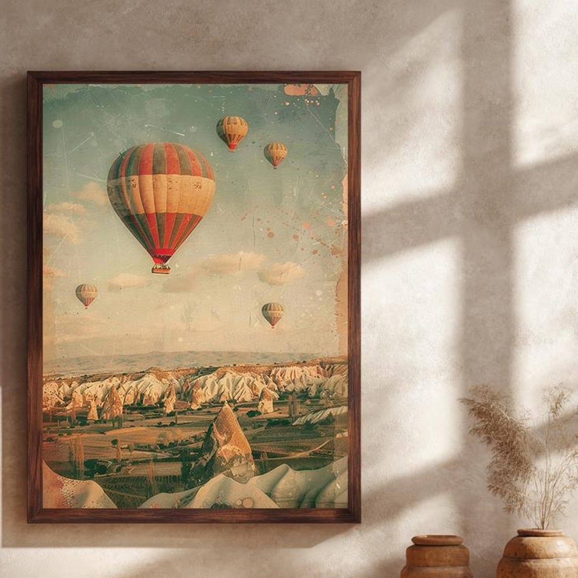 Vintage Hot Air Balloons Over Cappadocia Valley Landscape Poster