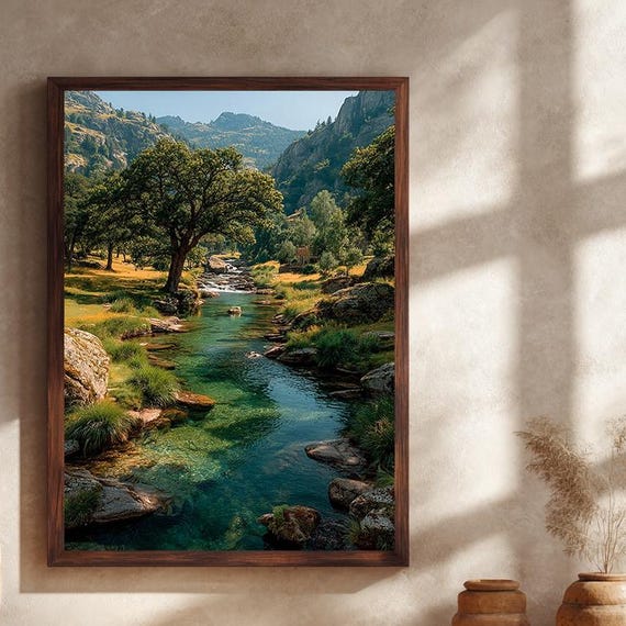 Mountain Stream Landscape Canvas Wall Art Serene River With Trees And Rocky Valley Nature Photography Print For Rustic Home Decor