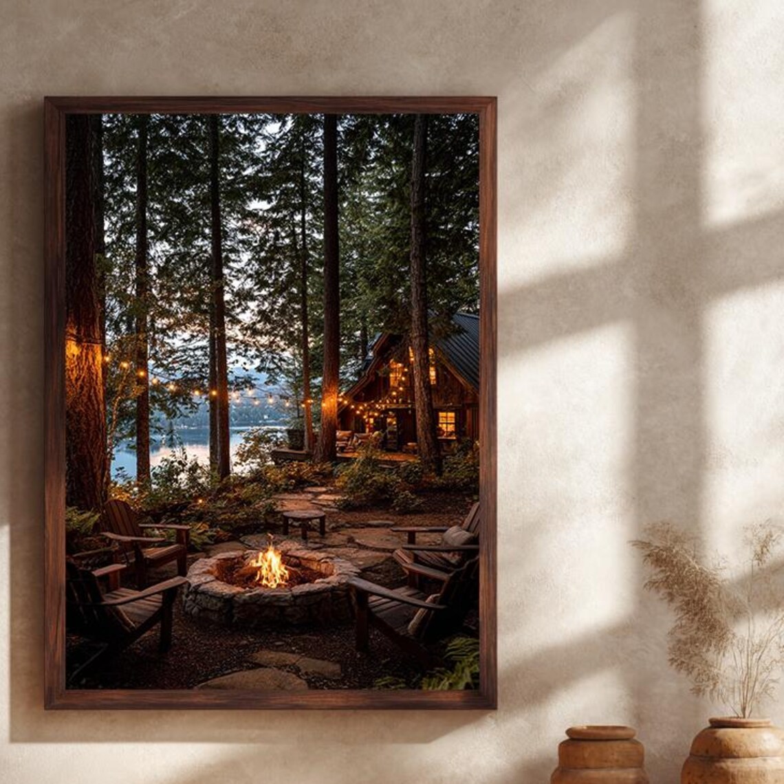 Cozy Cabin Campfire Rustic Lakehouse Forest Art Print