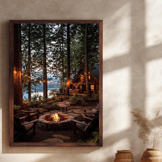 Cozy Cabin Campfire Rustic Lakehouse Forest Art Print