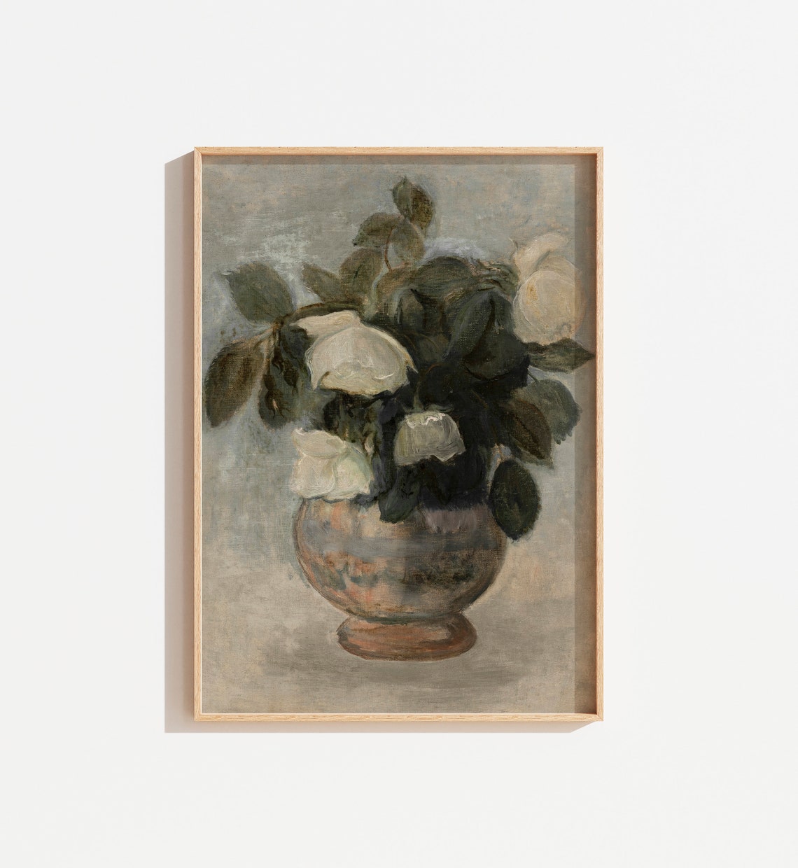 White Roses Vase Muted Oil Painting Vintage Floral Still Life Wall Art