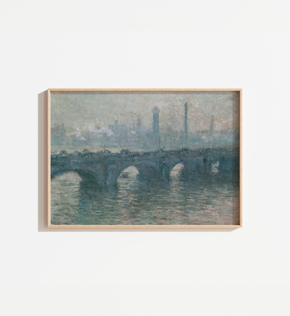 Vintage Muted Landscape Painting, Antique Bridge Art Print