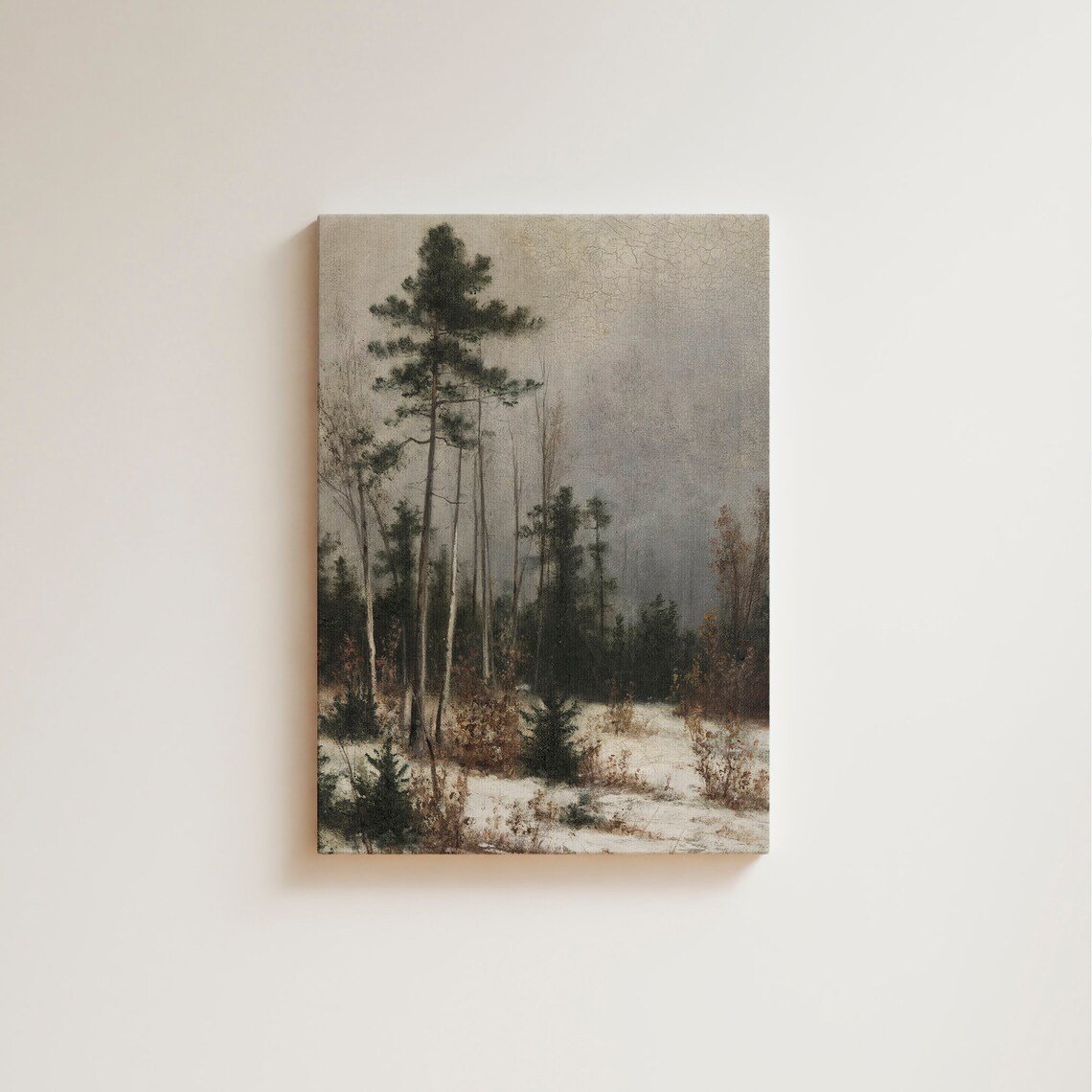 Vintage Winter Forest Oil Painting Tall Pines Snow Scene Wall Art - Image 5