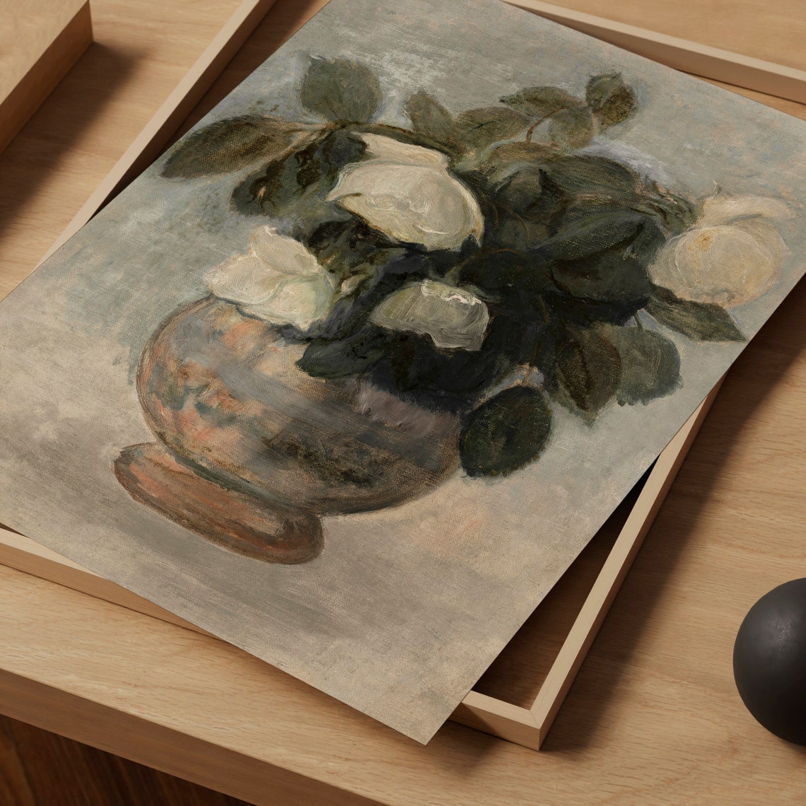 White Roses Vase Muted Oil Painting Vintage Floral Still Life Wall Art - Image 2