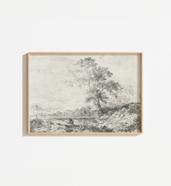 Vintage Rustic Landscape Sketch Drawing Art Print
