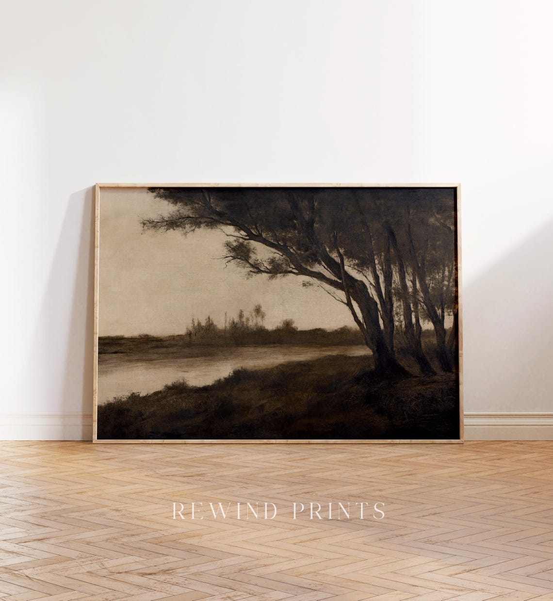 Vintage Moody Riverside Landscape Painting Dark Trees Dusk Wall Art - Image 3