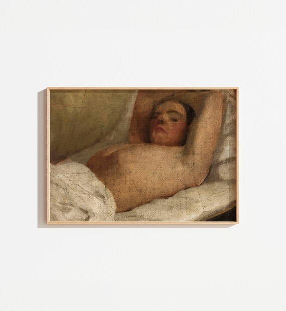 Antique Reclining Woman Nude Oil Painting Moody Victorian Wall Art