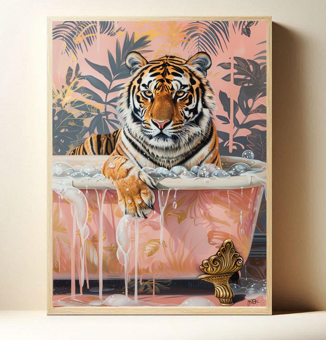 Tiger In Pink Bubble Bathtub Tropical Leaves Fun Bathroom Poster